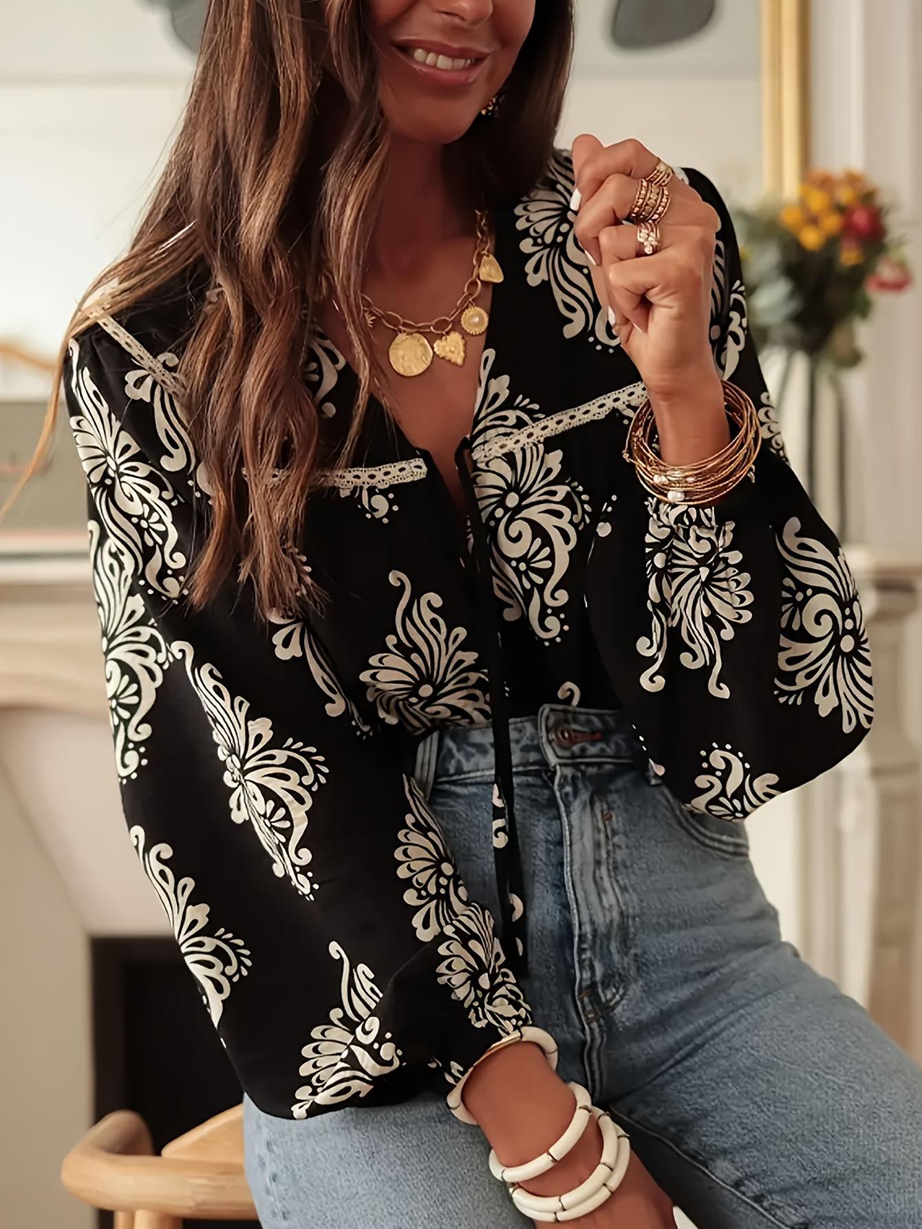 Women S Long Sleeve Printed Shirt Casual Vacation Style Top S чёрный