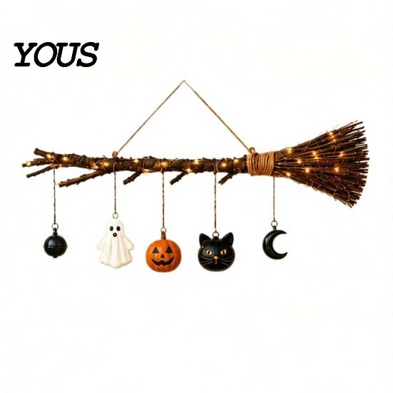 Lighted Autumn Broom Hanging Halloween Witch Wall Decor with LED Light, Thanksgiving Fall Front Door Cute Ghost Star Moon Sign Pumpkin Cat,