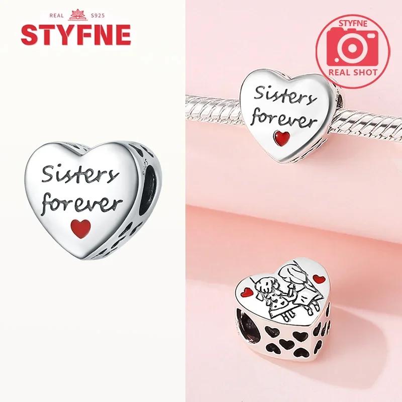 925 Silver Sisters On Swing Heart Charm Beads DIY Bracelet Fine Jewelry Gift for Women Sister Forever