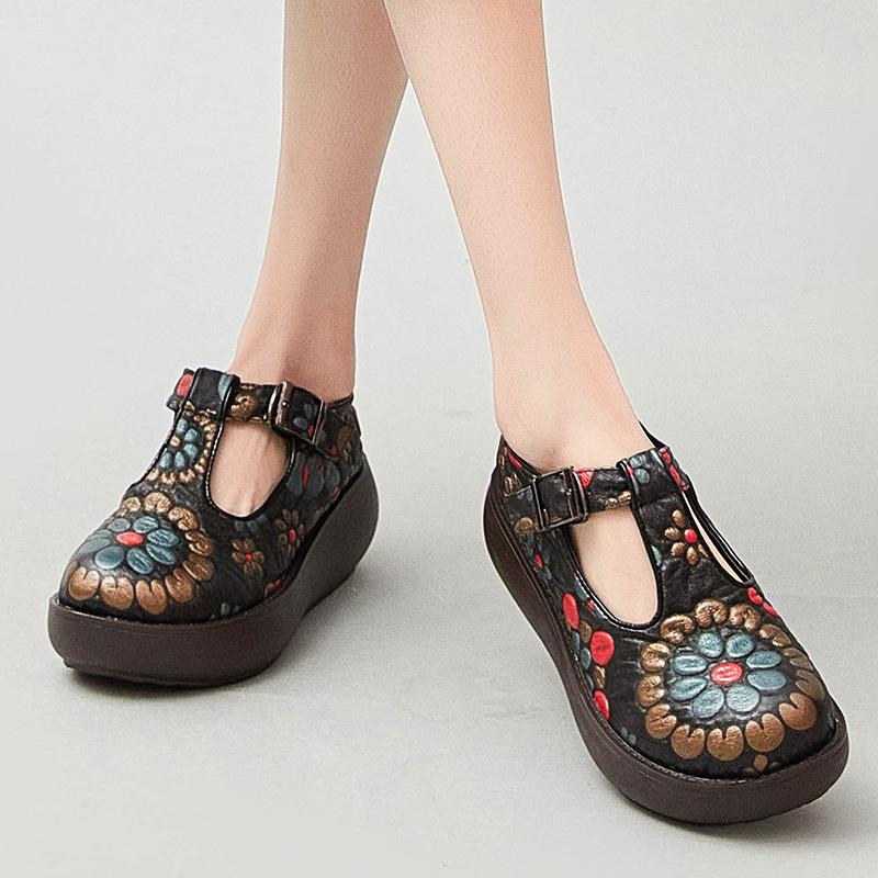 Fashion GKTINOO 2024 New Genuine Leather Pumps Women Shoes Print Spring Autumn Retro Buckle Strap High Heels Ladies Shoes