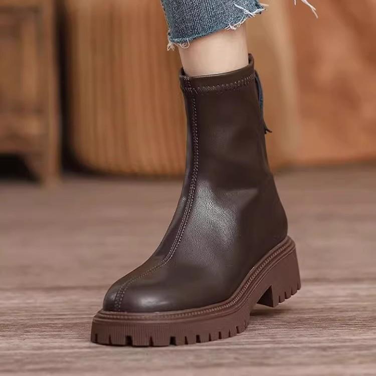 British Martin boots women's short boots thick-soled heightened thin boots rear zipper advanced sense medium heel thick heel single boots children