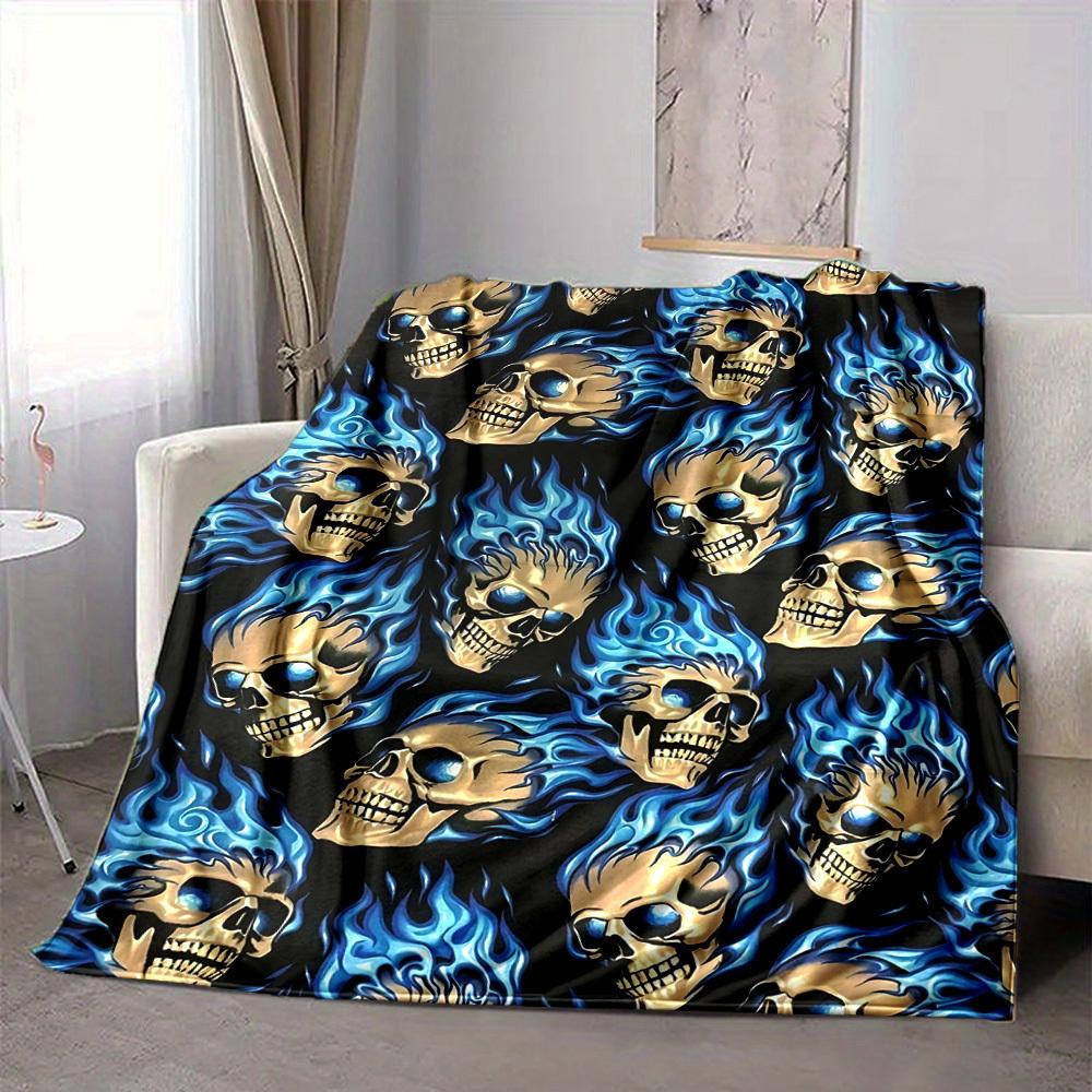 1pc Flame Skulls Blanket, Lightweight Flannel Throw Blanket For Sofa, Bed, Travel, Camping, Living Room, Office, Couch, Chair, And Bed