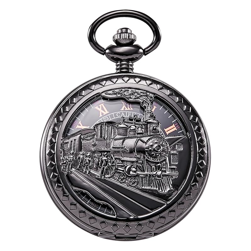 

TREEWETO mechanical pocket watch railway antique skeleton roman numerals black with chain