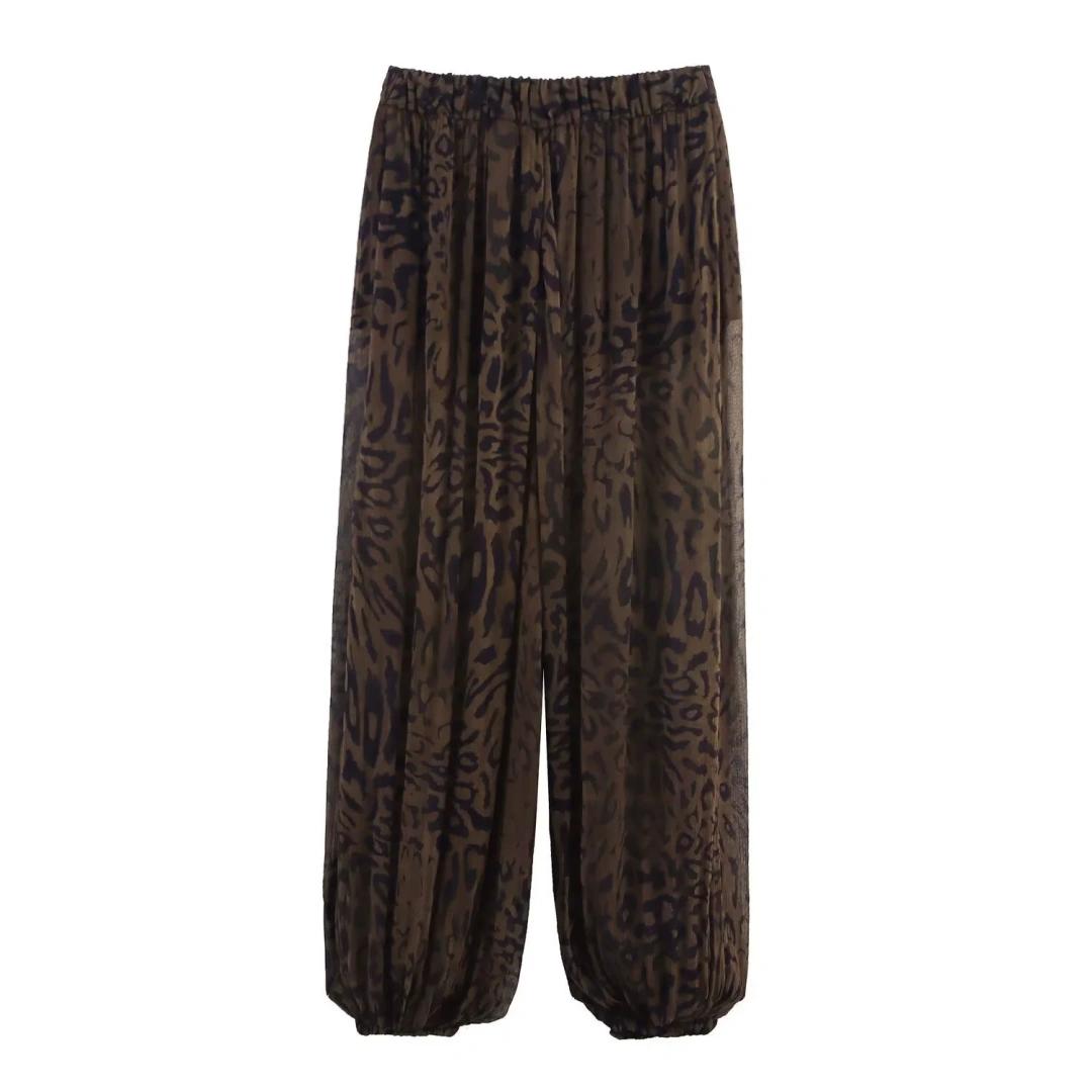 

Leopard Print Loose Lantern Pants Autumn New Elastic Waist Wide Leg Long Straight Pants Vintage Women Trousers XS