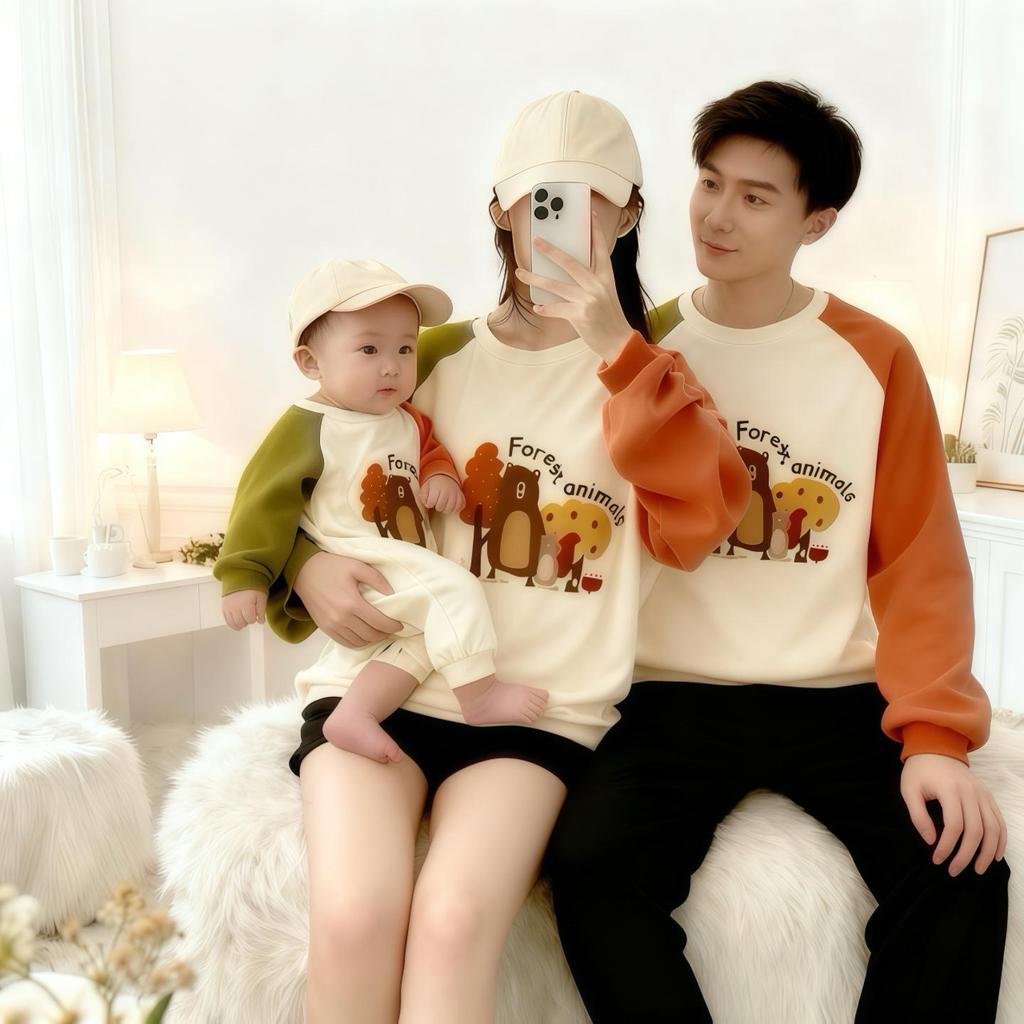 Mother and Child First Birthday Matching Fleece Sweatshirt Set: Family of Four Autumn/Winter Street Style Outfit