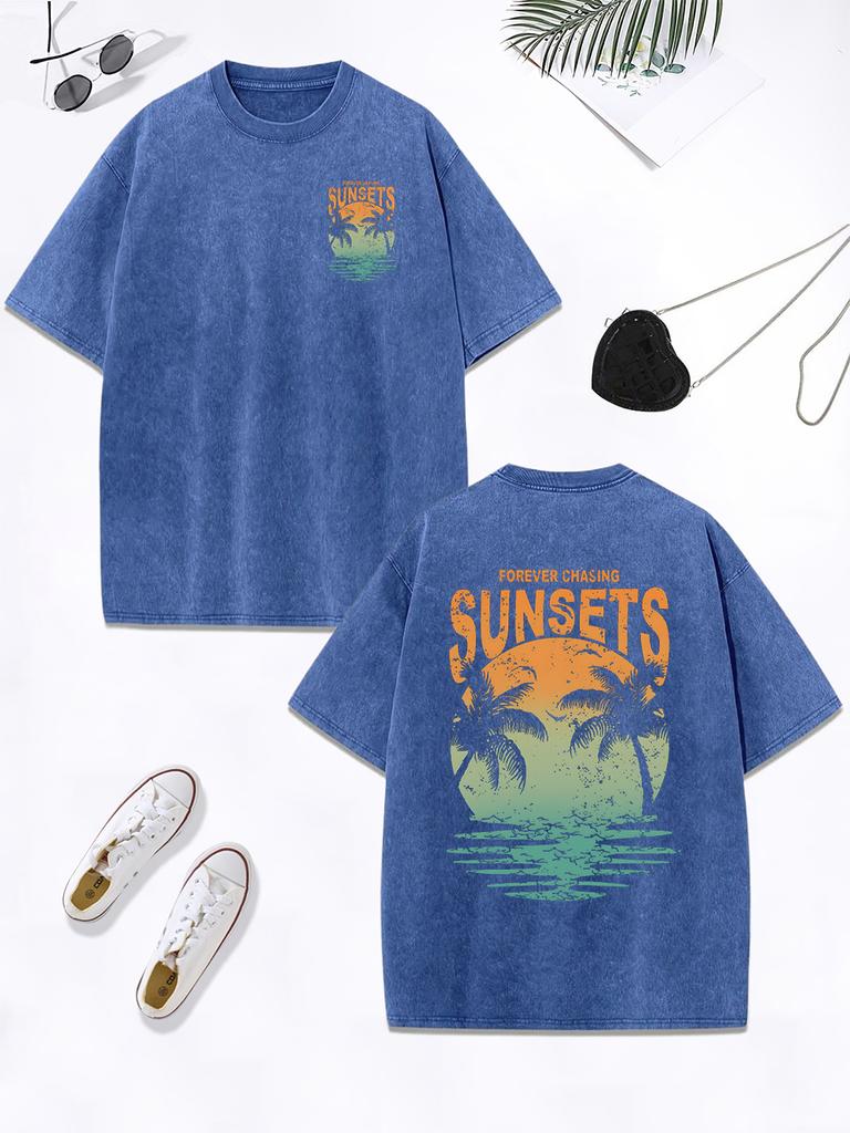Forever Chasing Sunsets Coconut Tree Prints Washed TShirt Women Cotton Oversized Tops ONeck Distressed T Shirt Casual Clothes