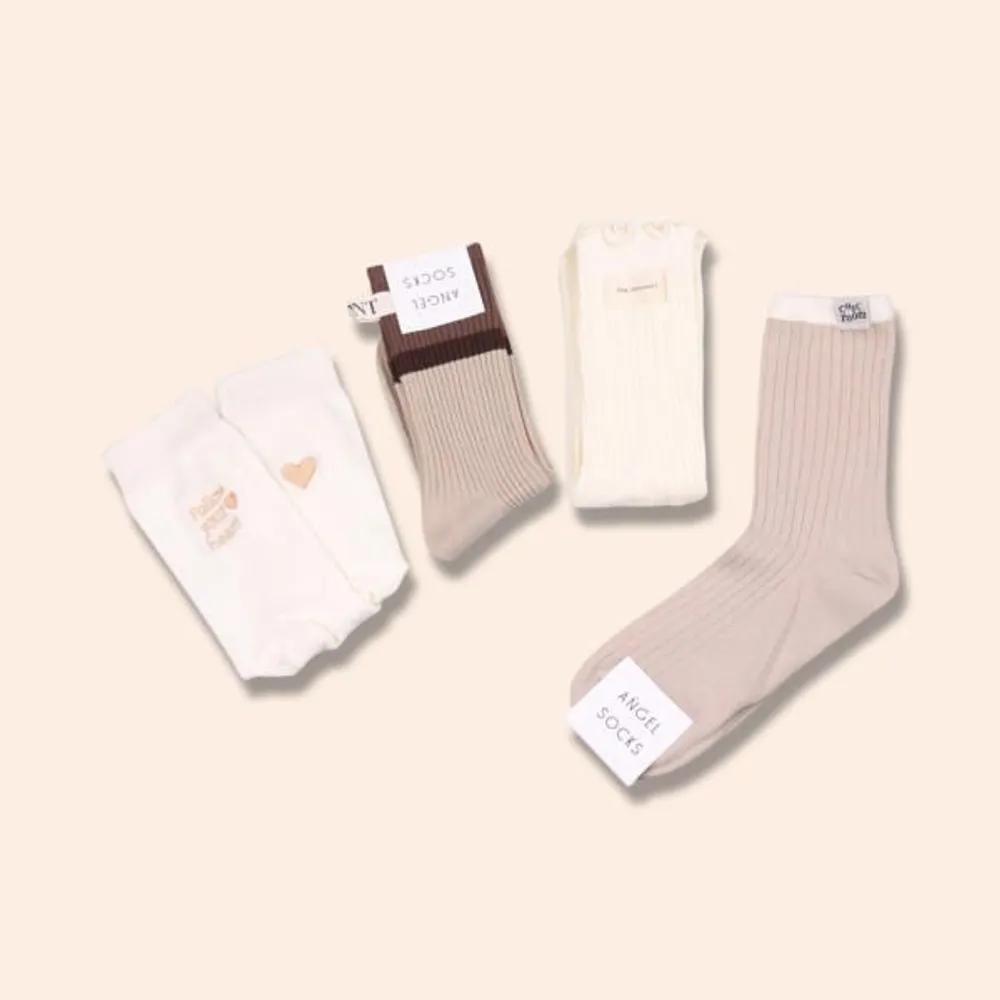 Angel Socks SET004 - Cappuccino Beige Embroidered Heart Brown Autumn Socks