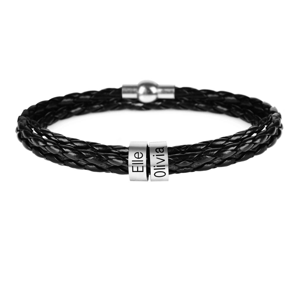 Lemegeton Custom Mens Bracelet 1-7 Names Engraved Beads Braided Leather Bracelets on Hand Personalized Jewelry Friendship Family