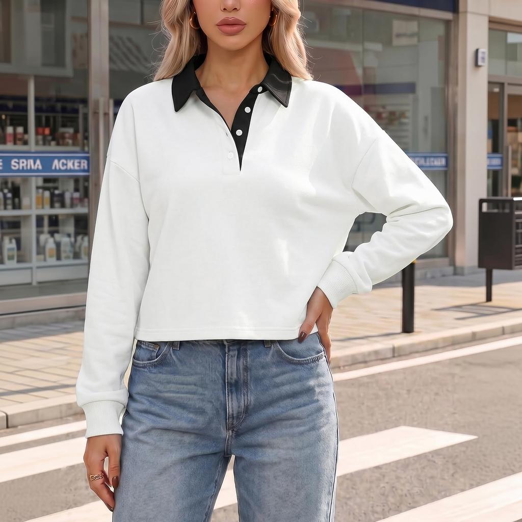 Women's Casual Color Neck Sweatshirt for Daily Wear, Comfortable Pullover Top