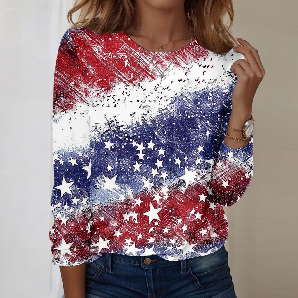 Damen Casual Langarm Rundhals Oberteil Unabhängigkeitstag Blumenprint Leichter Pullover für den Alltag