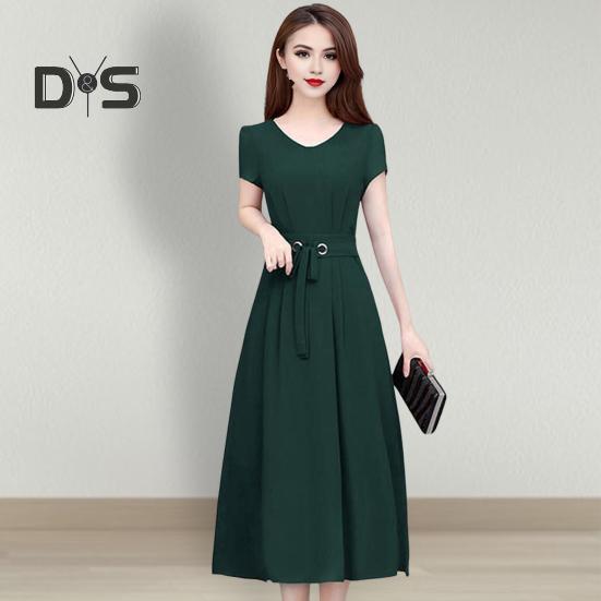 Summer Lady Dress Round Neck A-line Short Sleeves Slim Waist Plus Size Pure Color Slim Fit Mid-calf Length OL Commute Midi Dress