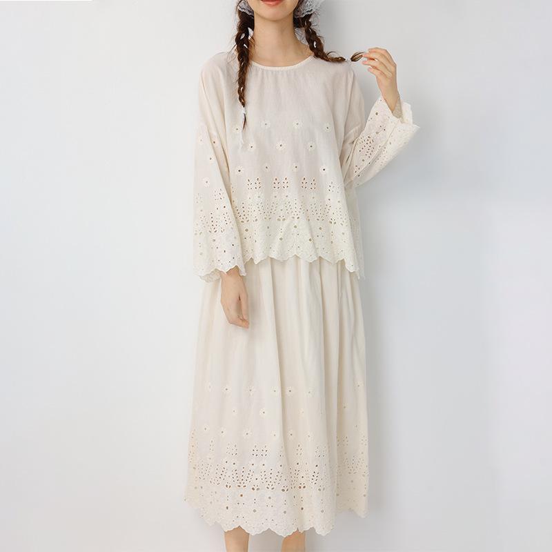 Japanese Literary Embroidered Lace Long Sleeve T-shirt & Skirt Set - Women's Pure Cotton Casual Fashion