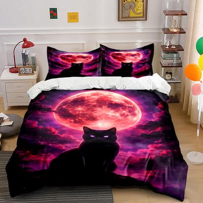 Mystical Black Cat and Moon Bedding Duvet Cover Set Duvet Cover Pillowcases  (1*Duvet Cover 2*Pillowcases, Without Duvet Insert)