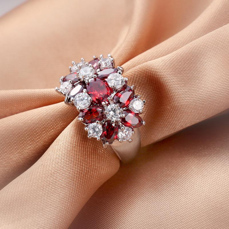 Dragon's Intention Luxurious Ruby Red Floral Zircon Ring: European & American Style