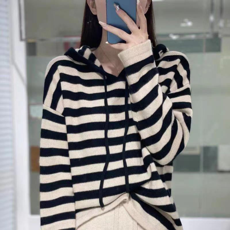 Women's Hooded Striped Knit Pullover Sweater - Loose Fit, Long Sleeve, Autumn/Winter Style.