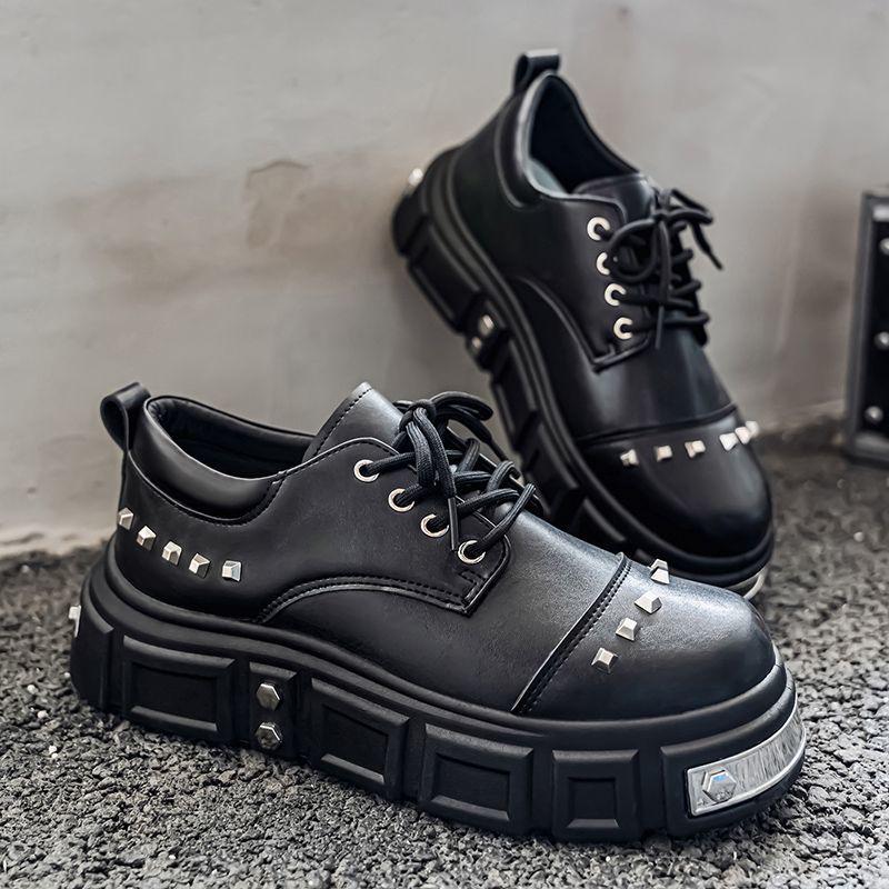 2025 Autumn Men's Black Derby Shoes - Korean Style Trendy Casual Leather with Height Increasing Thick Sole