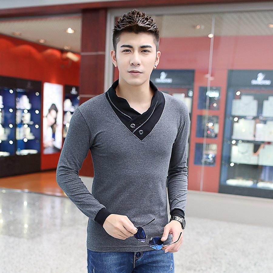 

Fashion Trend Slim Fit Long Sleeve T Shirt Men Patchwork Collar Tee V-Neck Men T-Shirt Cotton T Shirts Plus Size 5XL XXXXXL сірий