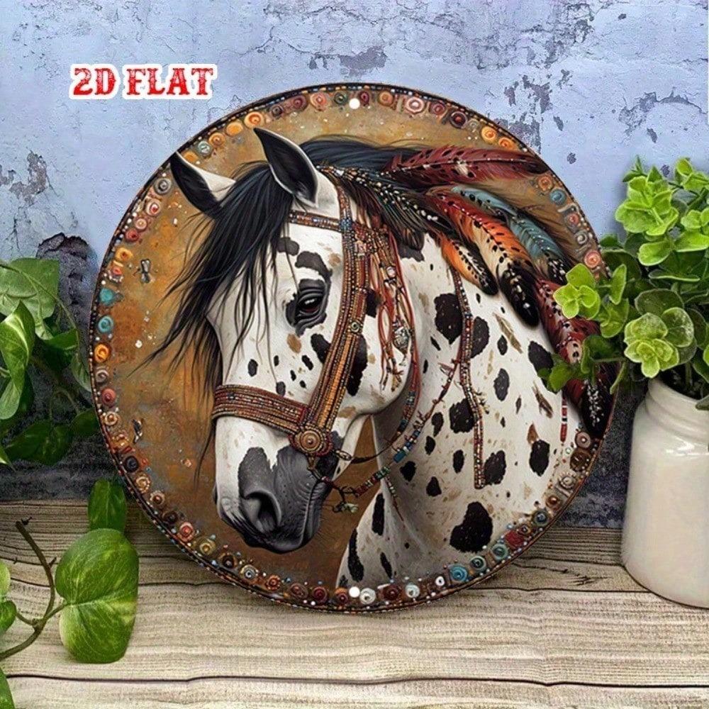 1pc Round Metal Wall Decor Beaded Appaloosa Horse Retro Western Tin Sign 7.8x7.8 Inch for Home Bar