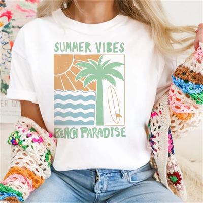 Palm Pattern Women's Summer Casual Style Round Neck Versatile Beach T-Shirt Top Clothing Harajuku Fashion Short Sleeved T-Shirt