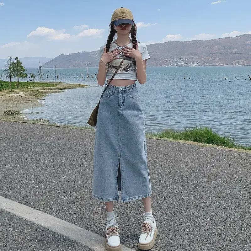 2024 High-Waist Split Denim Skirt: Women's Medium-Length A-Line for Spring, Summer, and Autumn