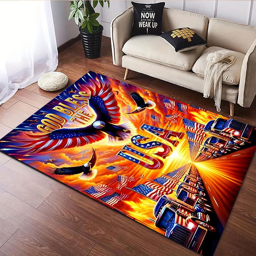 Patriotic USA Eagle with Flags and Trucks Patterned carpet, suitable as a non slip play mat for the living room and bedroom sofa