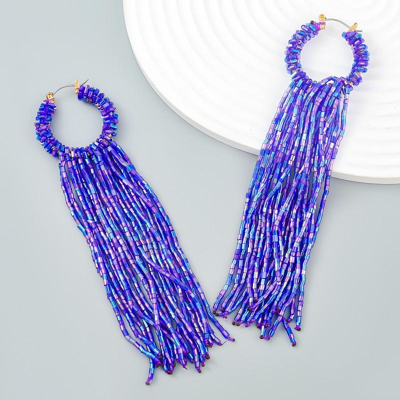 Boho Chic Long Tassel Earrings Women Handwoven Glass Tube Pendant With Geometric Design Yellow Blue