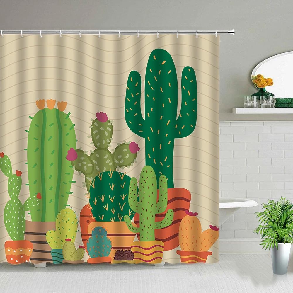 Hower Curtains of Textile Water Color Cactus Flower Tropical Plants Colorful Succulents Pattern Bathroom Shower Curtain Set