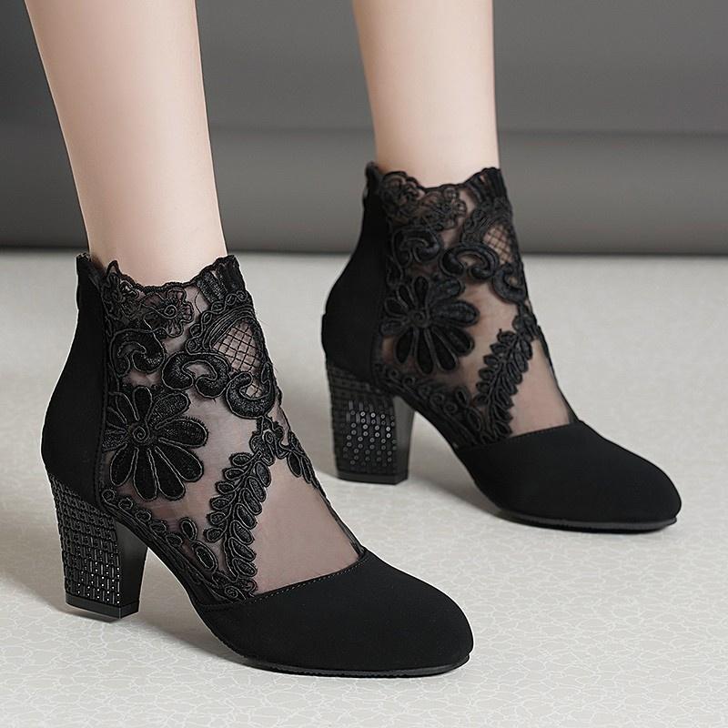 Fashion Women High Heels Lace Flower Ankle Strap Hollow Out Sandals Round Toe Zip Pumps Zapatos De Mujer