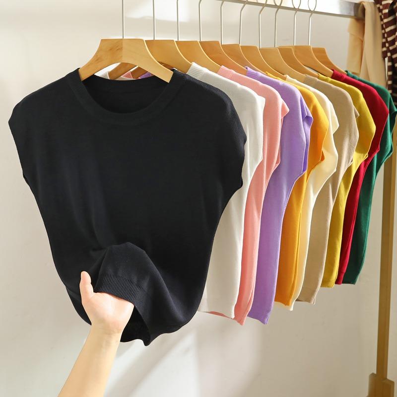 Summer Round Neck Knitted Casual Women's T-shirt Elegant Loose Ice Silk Thin Fit Solid Color Short Sleeve Tee Tops Ladies Simple Fashion T Shirt 3097