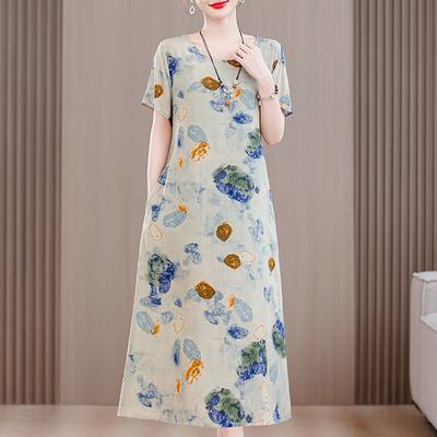 Summer Vintage Dress for Women Plus Size Casual Short Sleeve Long Dresses with Belt Elegant Middle-aged Women's Clothing