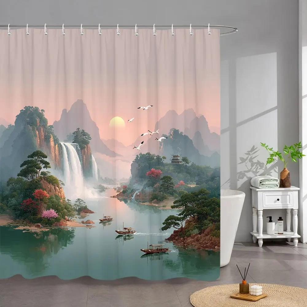 1pc Misty Waterfall Bath Curtain - Serene Sunset Landscape with Cascading Falls, Pagoda & Colorful Flowers, Traditional Chinese W90xH180cm