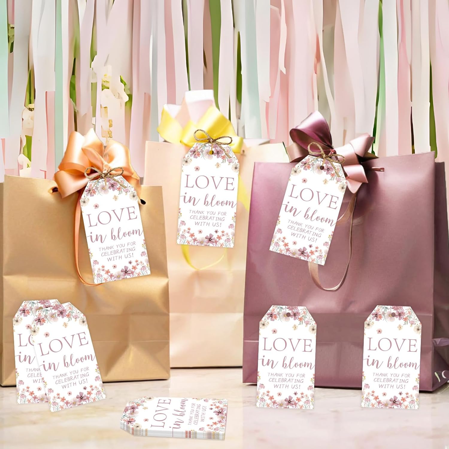 Love In Bloom Bridal Shower Decorations, 50pcs Love In Bloom Thank You Cards for Floral Flower Thank You for Celebrating with Us Tags Bachelorette