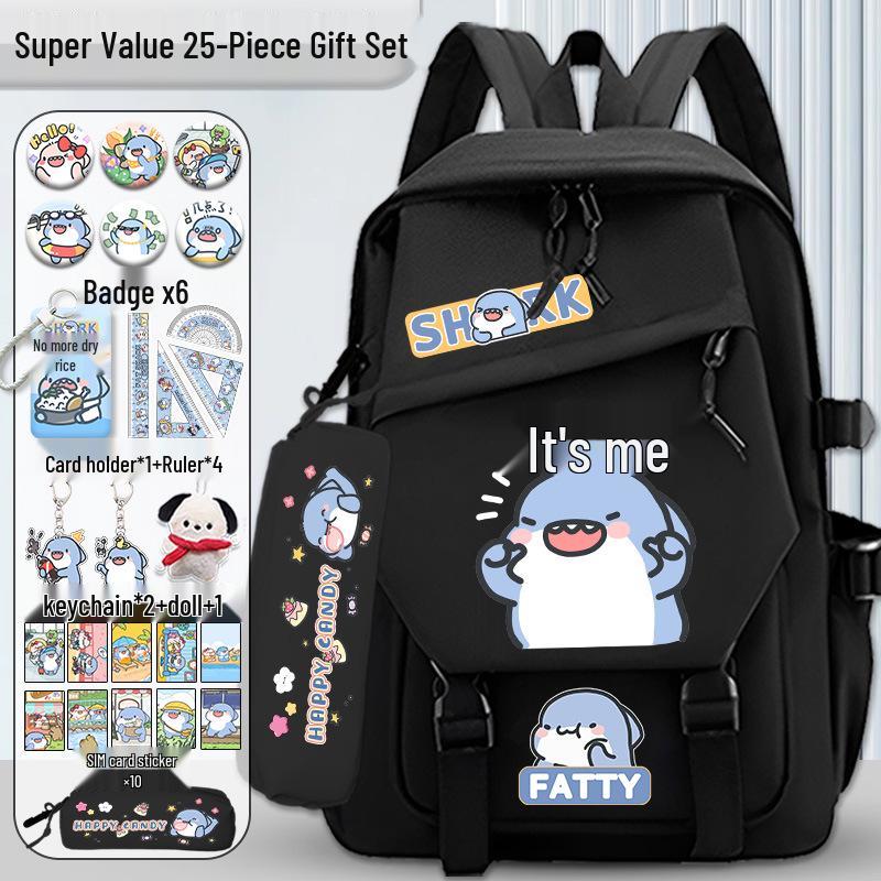 Fatty Shark Large Capacity Lightweight Backpack for Grades 3-6 and Junior High, Shoulder Protection, Cute Design for Boys & Girls