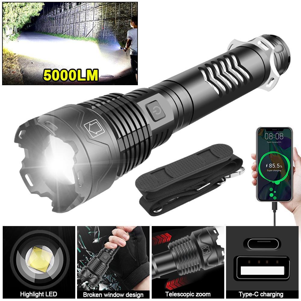 Waterproof Super Bright XHP160 LED Flashlight High Power Torch 5 Modes USB Rechargeable Lantern Emergency Spotlights