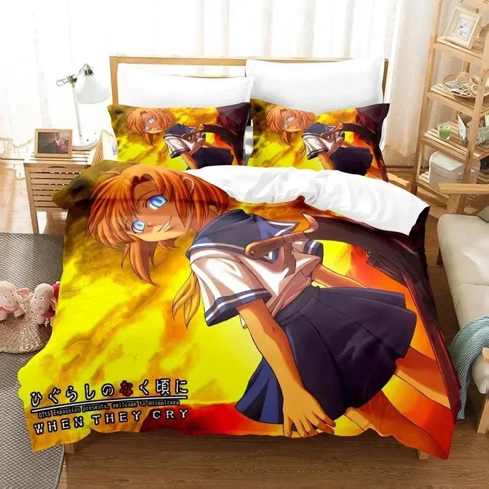 Anime When They Cry - Higurashi Bedding Set Duvet Cover Bed Set Quilt Cover Pillowcase Comforter king Queen Size Boys Adult