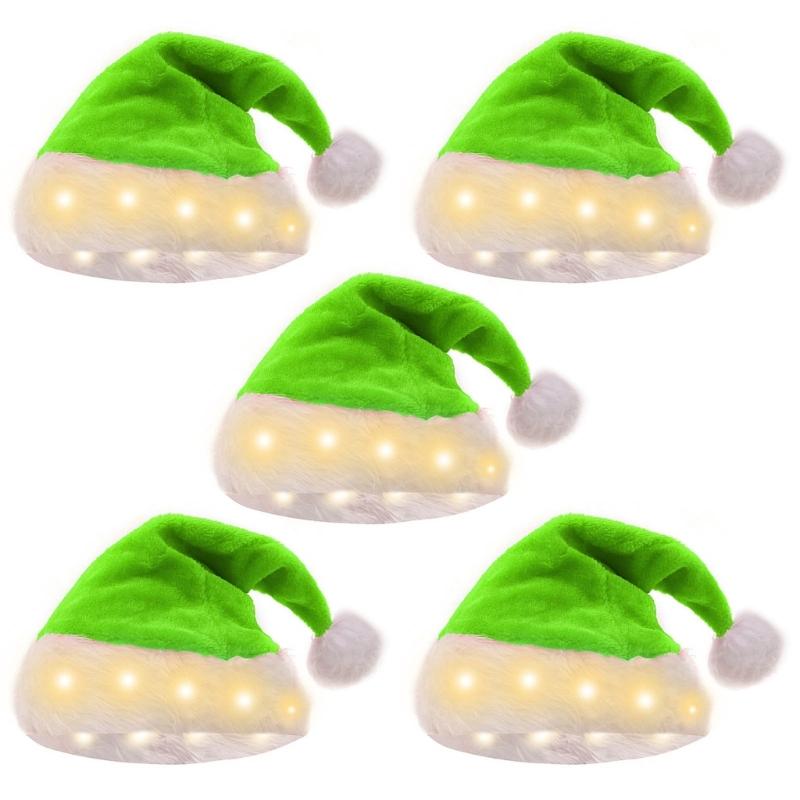 

Набор из 5 шт. Унисекс Светодиодная шапка Санты Мягкая и удобная шапка с помпоном Головные уборы для рождественских празднований и фотореквизит зелёный
