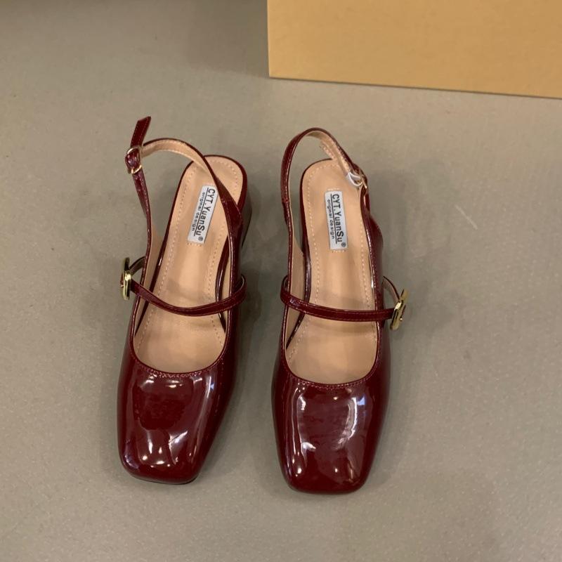 French red bag head sandals women's shoes 2025 new summer square head medium high heel silver Mary Jane single shoes