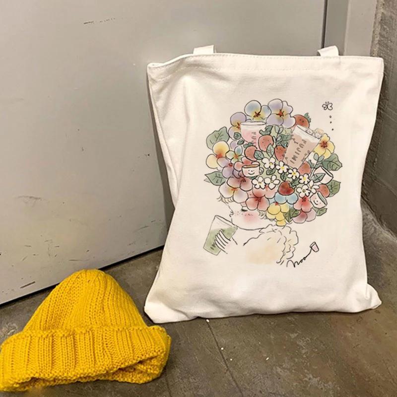 

Холщовая сумка Harajuku в стиле ретро с мультяшным принтом, повседневная сумка для покупок, Harajuku, большая вместительность, складная, без молнии, Kawaii, женская сумка через плечо Ba