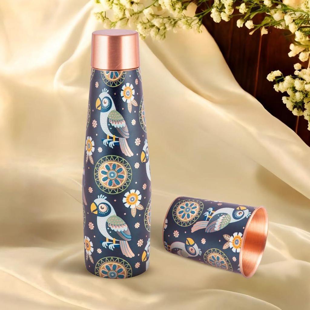 Artistic Copper Bottle & Glass Gift Set with Blue Mandala Print – 900ml Bottle + 2 x 250ml Glasses | Handcrafted Heavy-Gauge Pure Copper Wellness Gift