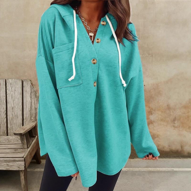 2025 Autumn and Winter New Fashion Women's Casual V-neck Hooded Long-sleeved Pullover Loose Solid Color Women's Sweatshirt