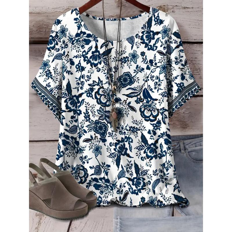 

Летний топ с круглым вырезом и принтом в этническом стиле в стиле ретро, модные повседневные футболки с короткими рукавами для женщин больших размеров 7XL