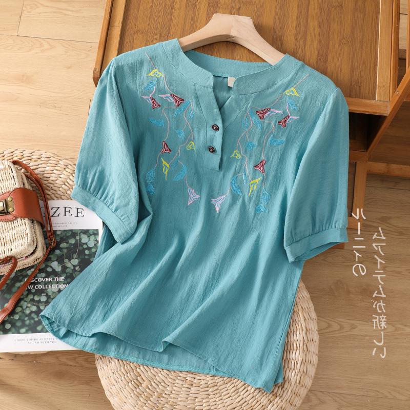 T-shirt women's five-quarter sleeves 1116 summer new loose cotton and linen casual versatile and thin round neck embroidered top