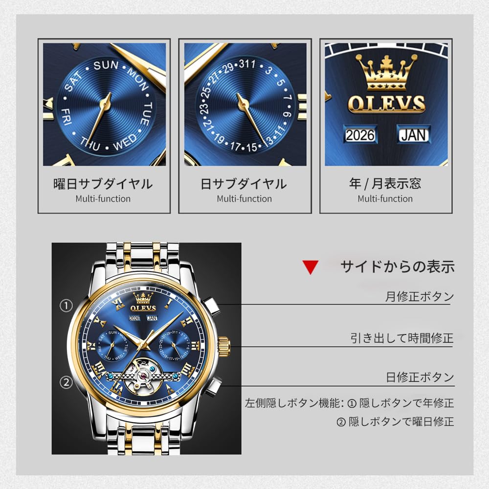 OLEVS Mechanical Automatic Moon Phase Watch Stylish Skeleton Waterproof Popular Luminous Watch for Men