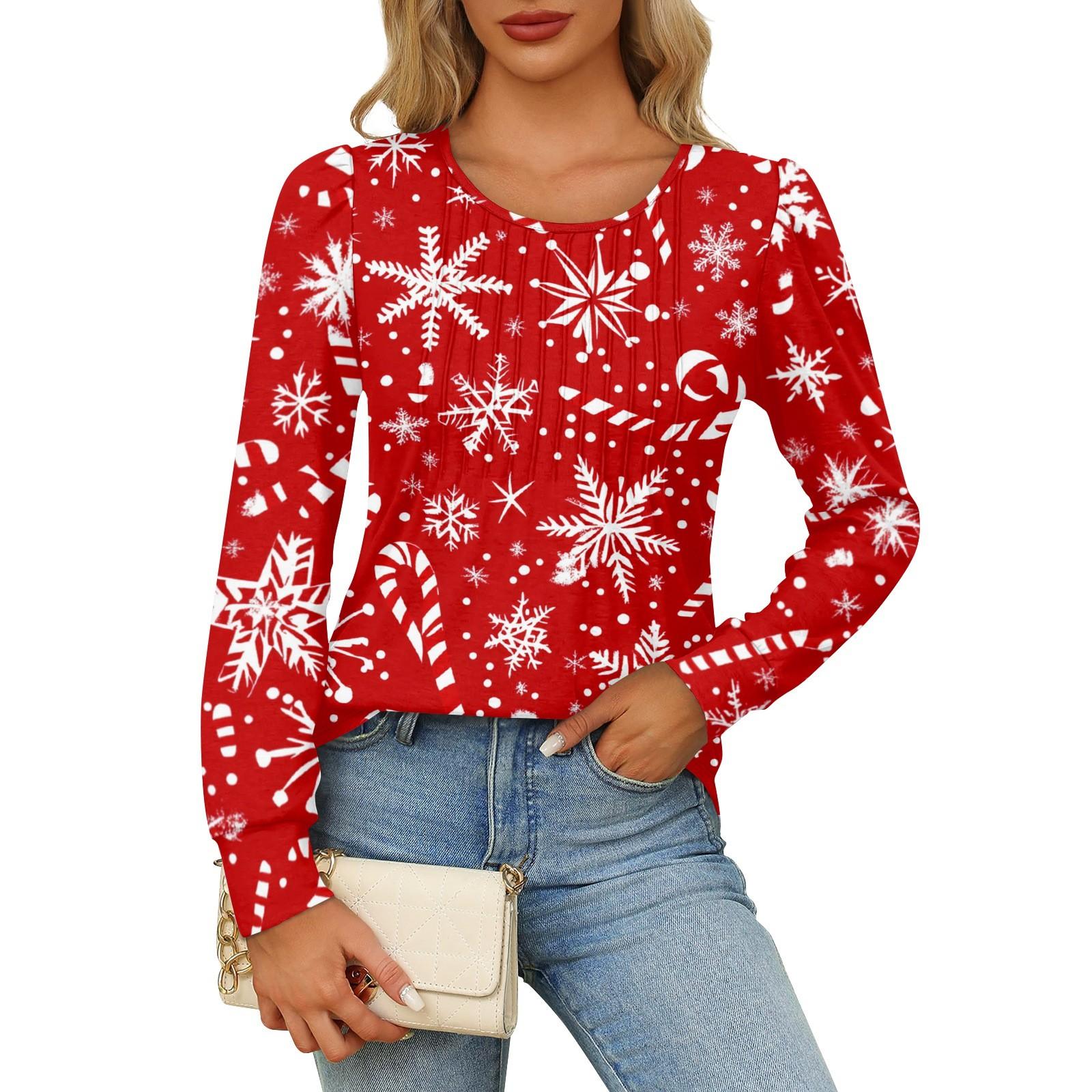 

Рубашки с длинным рукавом для женщин Милые принты Графические футболки Блузки Нарядные повседневные блузки Плиссированные туники с круглым вырезом Топы Рождество M красный