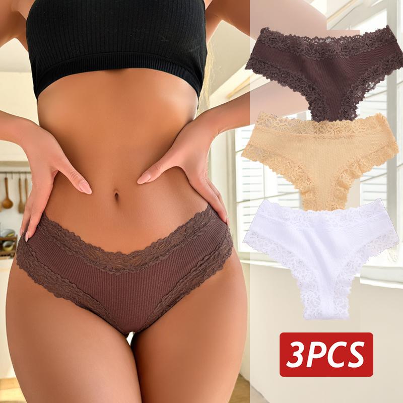 3PCS/Set Sexy Lace Panties for Women Cotton Brazilian Panties Female Low Rise Breathable Underwear Solid Colors Floral Lingerie