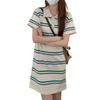 Women's A-line Summer Polo Dress: Loose Stripe Knit with Contrasting Buttons and Short Sleeves