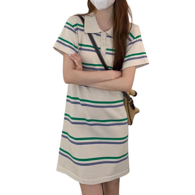 Women's A-line Summer Polo Dress: Loose Stripe Knit with Contrasting Buttons and Short Sleeves