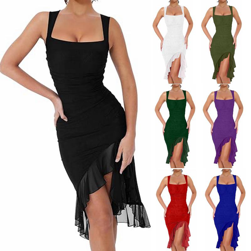

Square Neck Sleeveless Ruched Mesh Midi Dress for Women Extra Large