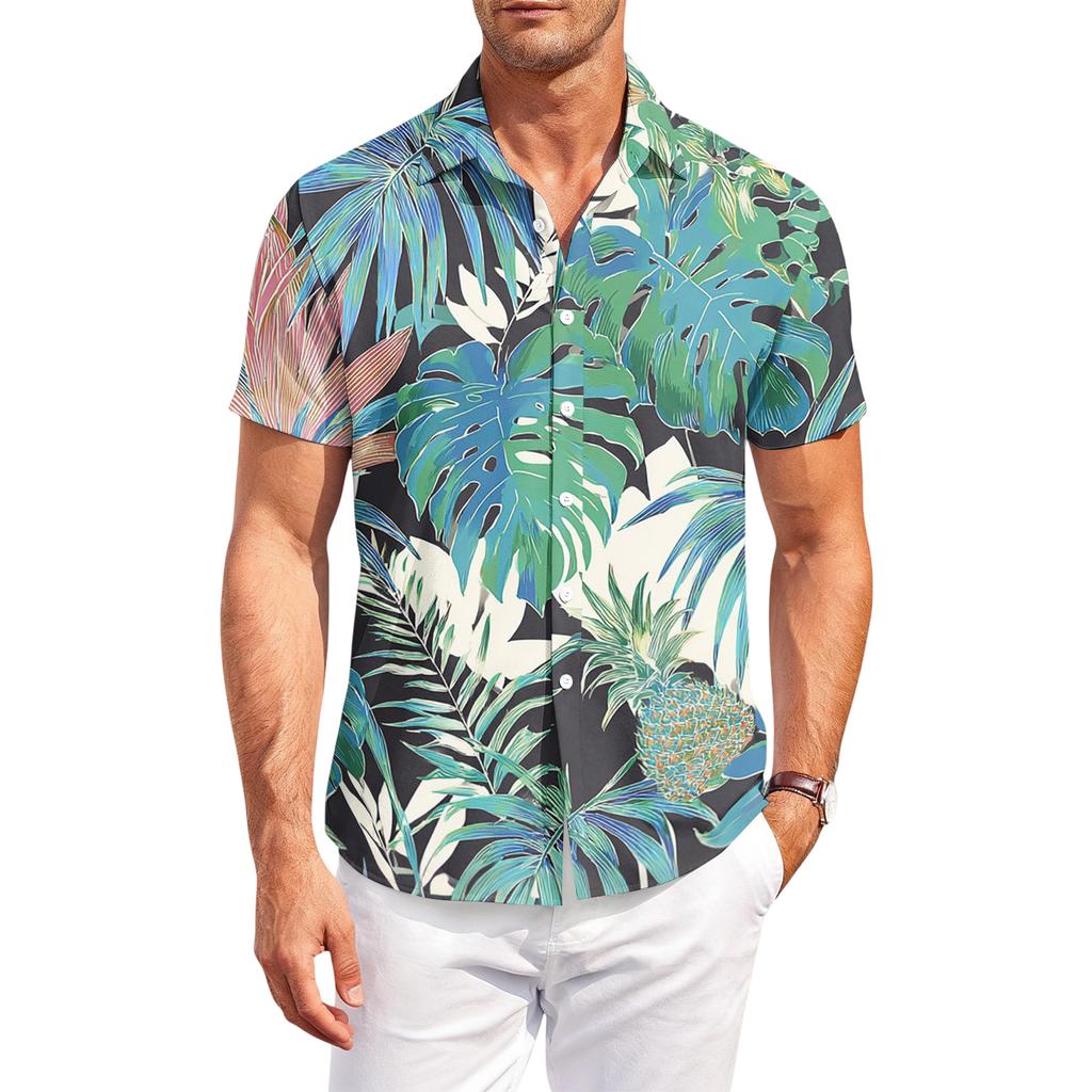Camicia Casual da Uomo a Maniche Corte, Vestibilità Larga, con Stampa Hawaiana