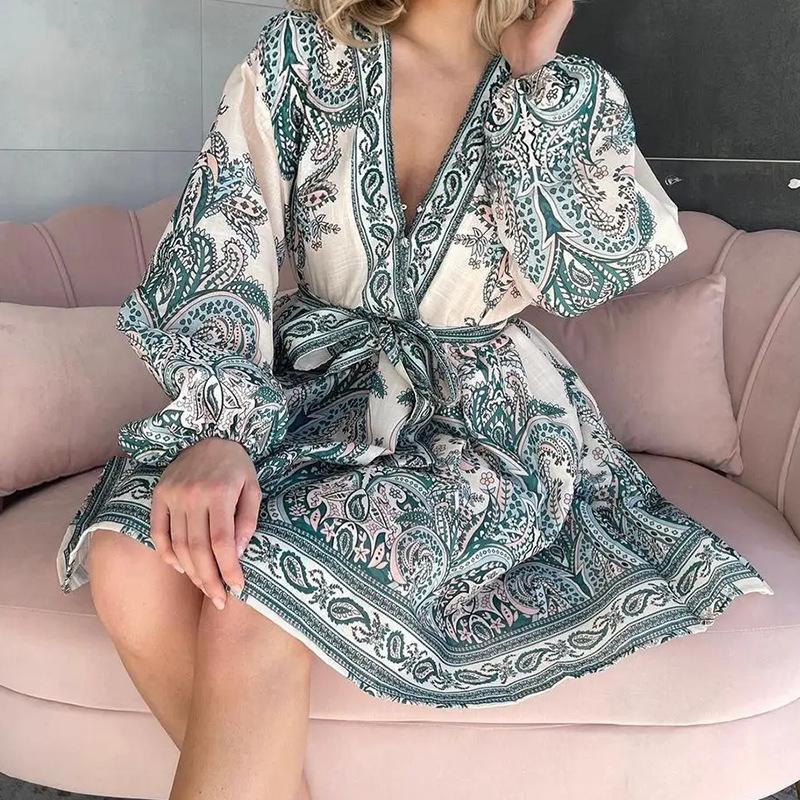 Elegant Lace Up Waist V Neck Dress Womens New Fashionable Loose Style